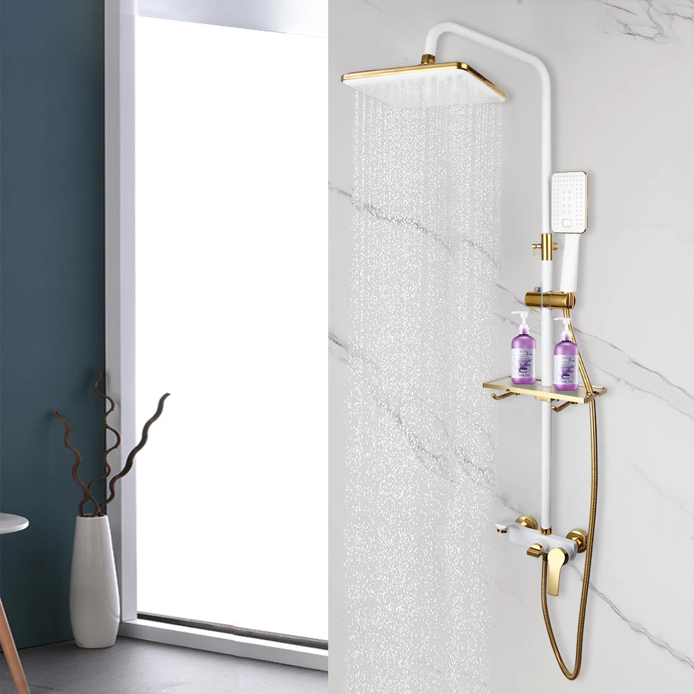 Ensemble de robinets de douche à pluie réglable, murale réglable étagère intégrée