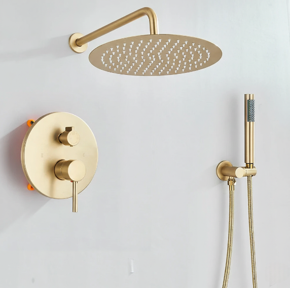 Douche Encastrable Or Brossé 30 cm - Système de douche à effet pluie avec mitigeur mural 4 voies