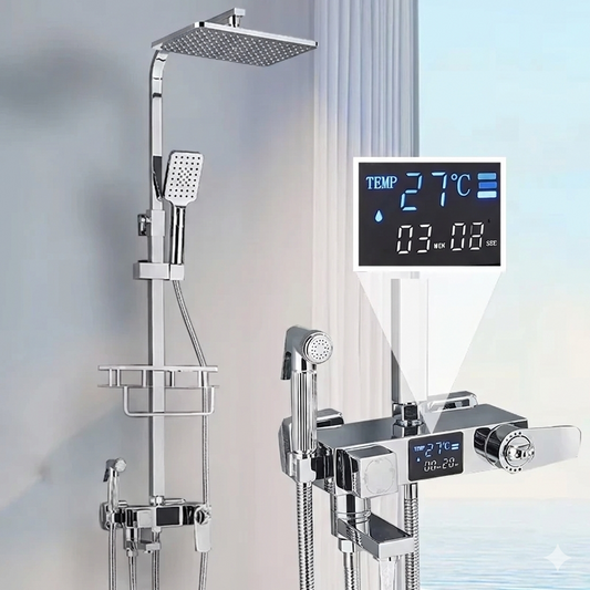 Colonne de douche moderne à effet pluie en laiton, mitigeur eau chaude et froide