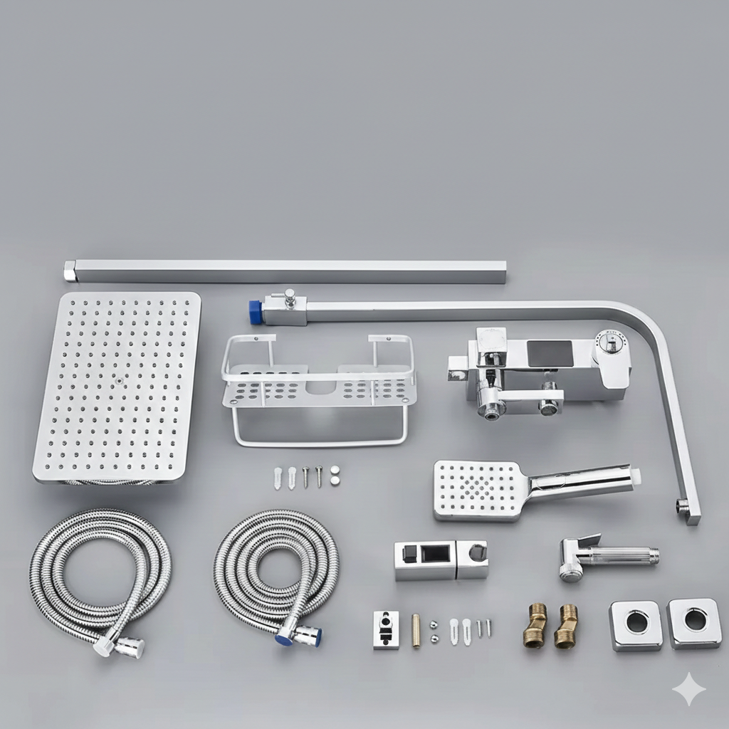 Colonne de douche moderne à effet pluie en laiton, mitigeur eau chaude et froide