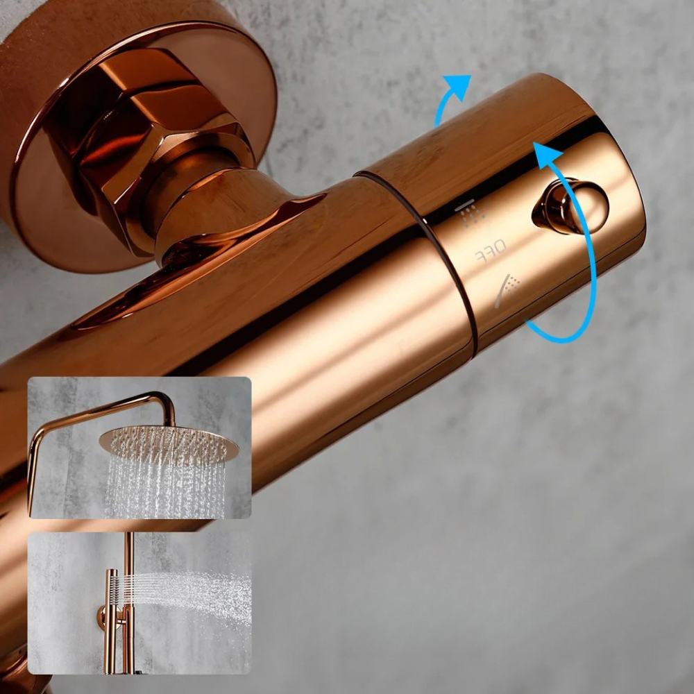 Colonne de Douche Murale Dorée avec Mitigeur Thermostatique et Ciel de Pluie