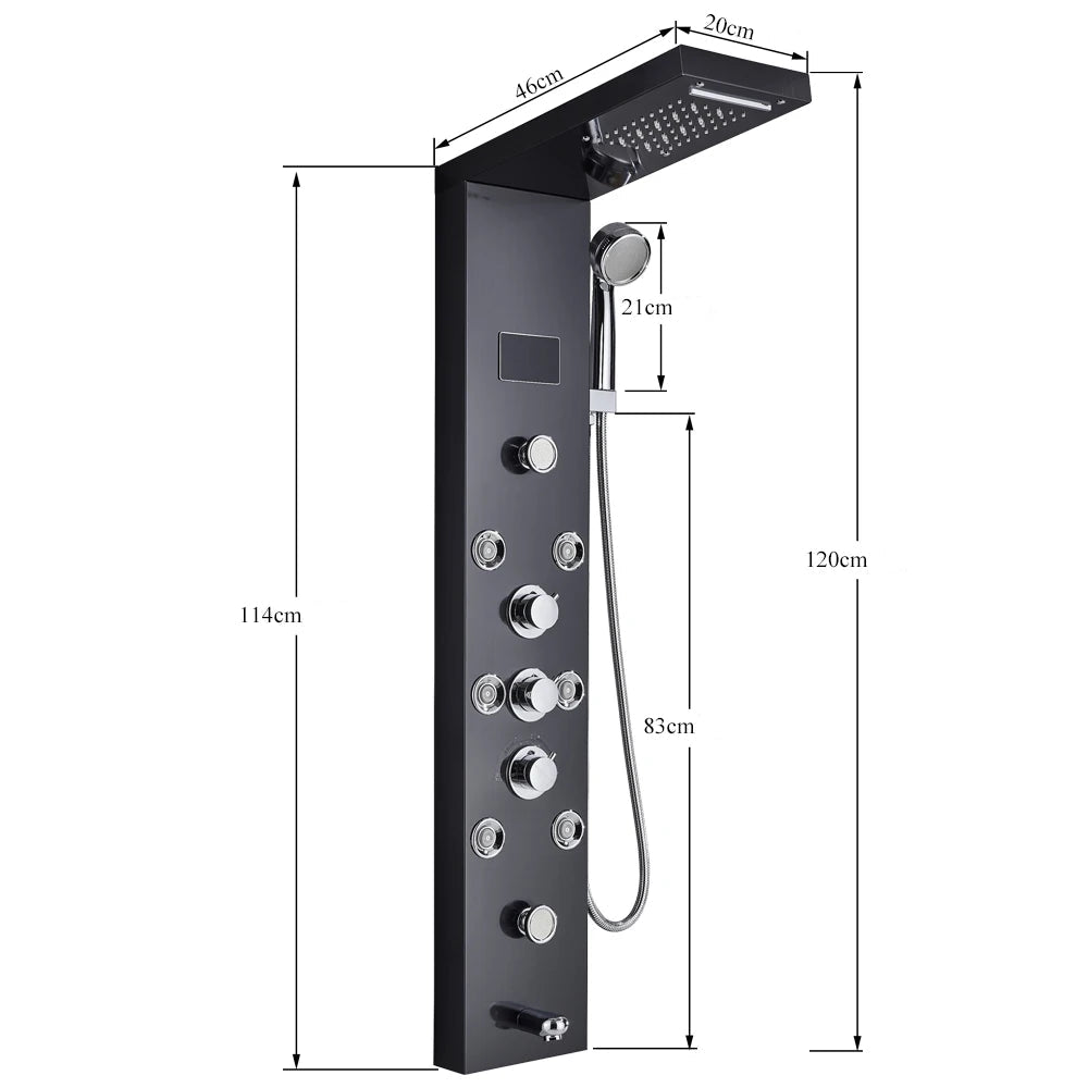 Colonne de Douche Hydromassante LED Cascade de Pluie – Affichage Numérique, Jets de Massage et Mélangeur Thermostatique en Acier Inoxydable 304