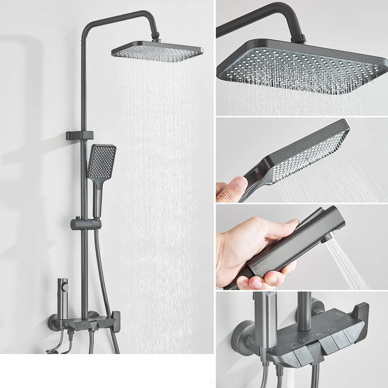 Colonne de Douche Intelligente Rozin – Affichage Numérique Noir Mat, Mitigeur Thermostatique, Système de Pluie Style Piano