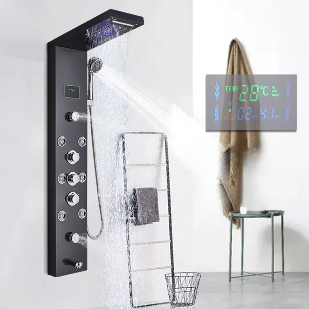 Colonne de Douche Hydromassante LED Cascade de Pluie – Affichage Numérique, Jets de Massage et Mélangeur Thermostatique en Acier Inoxydable 304