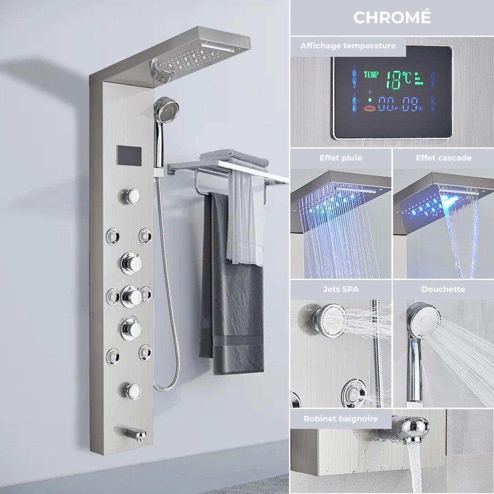 Colonne de Douche Hydromassante LED Cascade de Pluie – Affichage Numérique, Jets de Massage et Mélangeur Thermostatique en Acier Inoxydable 304