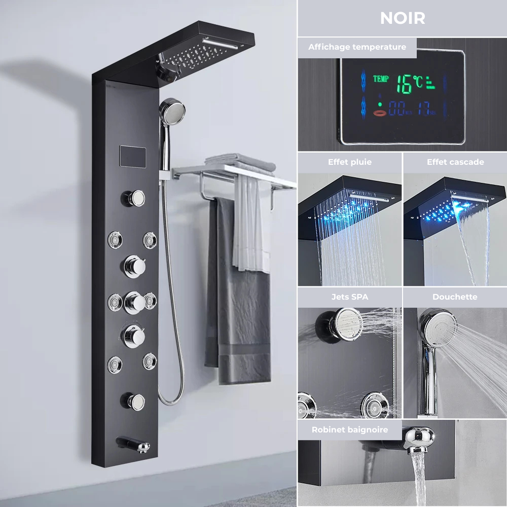 Colonne de Douche Hydromassante LED Cascade de Pluie – Affichage Numérique, Jets de Massage et Mélangeur Thermostatique en Acier Inoxydable 304
