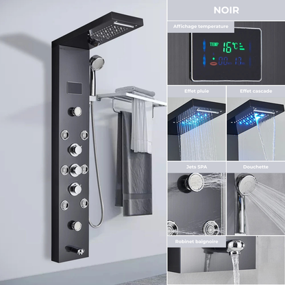 Colonne de Douche Hydromassante LED Cascade de Pluie – Affichage Numérique, Jets de Massage et Mélangeur Thermostatique en Acier Inoxydable 304