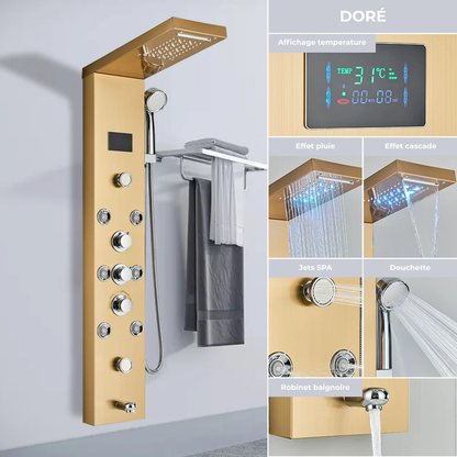 Colonne de Douche Hydromassante LED Cascade de Pluie – Affichage Numérique, Jets de Massage et Mélangeur Thermostatique en Acier Inoxydable 304