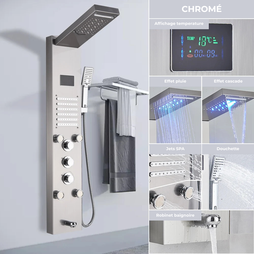 Colonne de Douche Hydromassante LED Cascade de Pluie – Affichage Numérique, Jets de Massage et Mélangeur Thermostatique en Acier Inoxydable 304