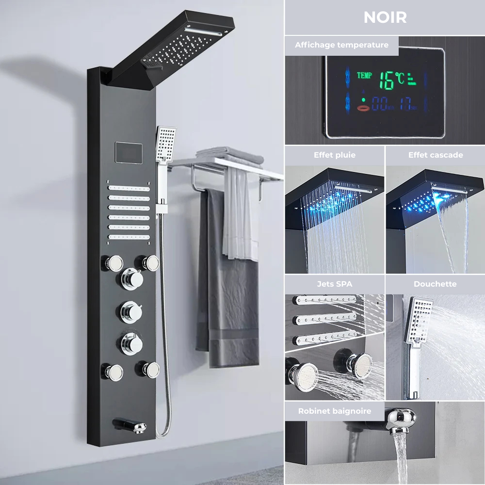 Colonne de Douche Hydromassante LED Cascade de Pluie – Affichage Numérique, Jets de Massage et Mélangeur Thermostatique en Acier Inoxydable 304