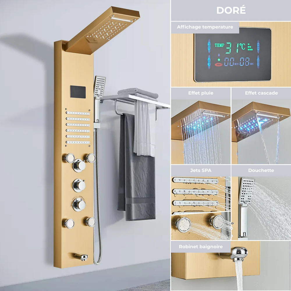Colonne de Douche Hydromassante LED Cascade de Pluie – Affichage Numérique, Jets de Massage et Mélangeur Thermostatique en Acier Inoxydable 304