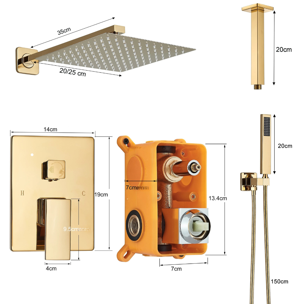 Colonne de Douche Dorée 2 Voies avec Mitigeurs et Pommeau Mural