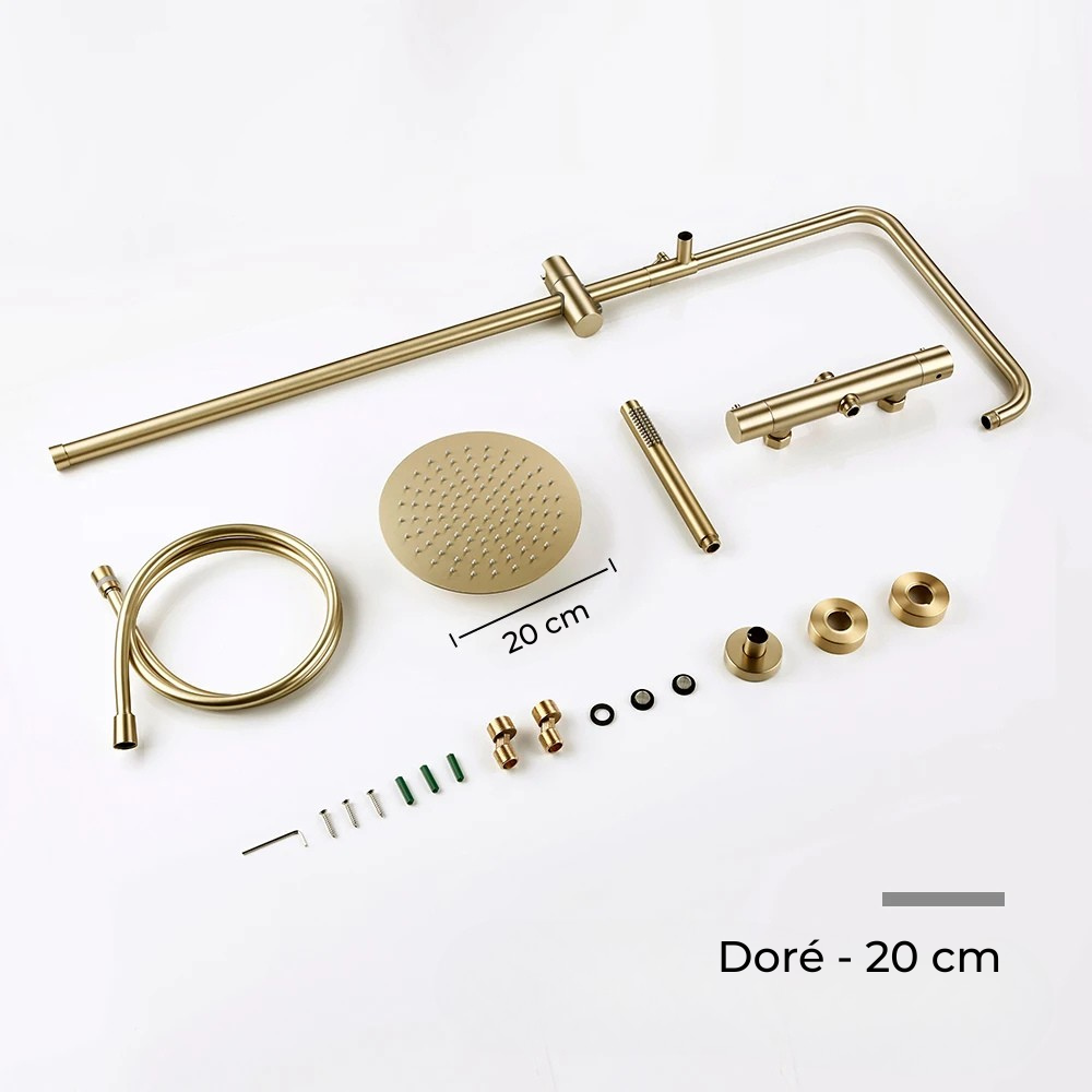 Colonne de Douche Murale Dorée avec Mitigeur Thermostatique et Ciel de Pluie