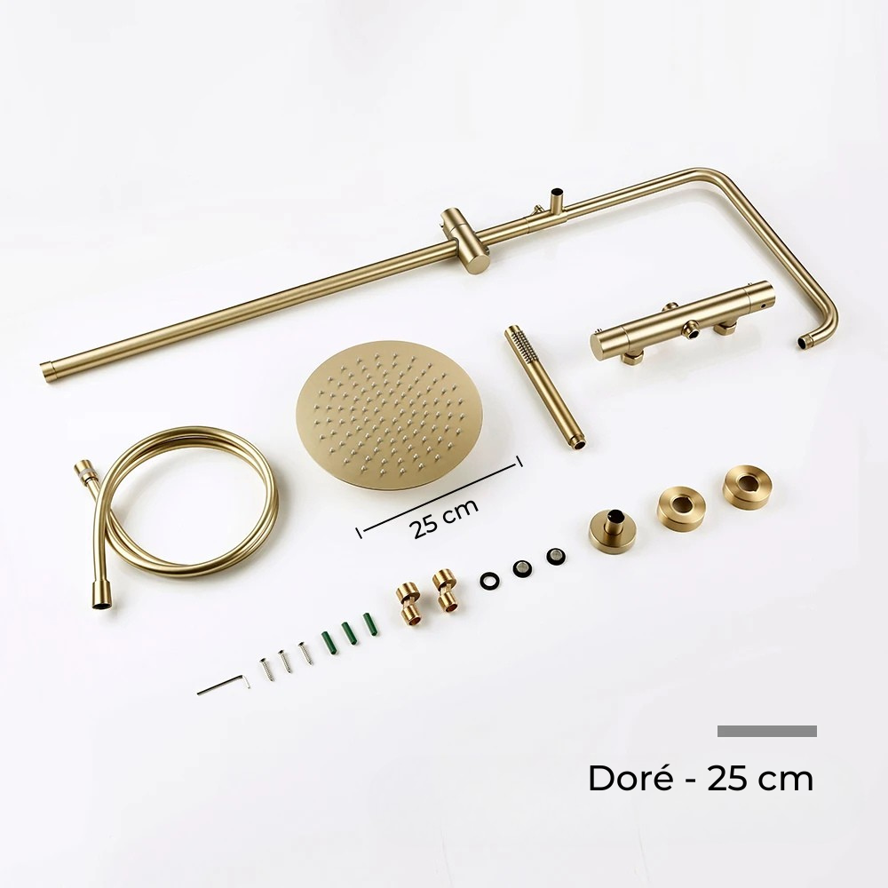 Colonne de Douche Murale Dorée avec Mitigeur Thermostatique et Ciel de Pluie