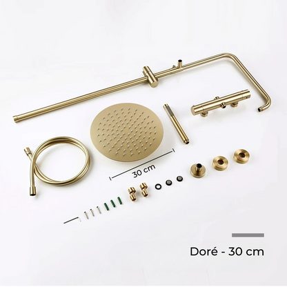 Colonne de Douche Murale Dorée avec Mitigeur Thermostatique et Ciel de Pluie