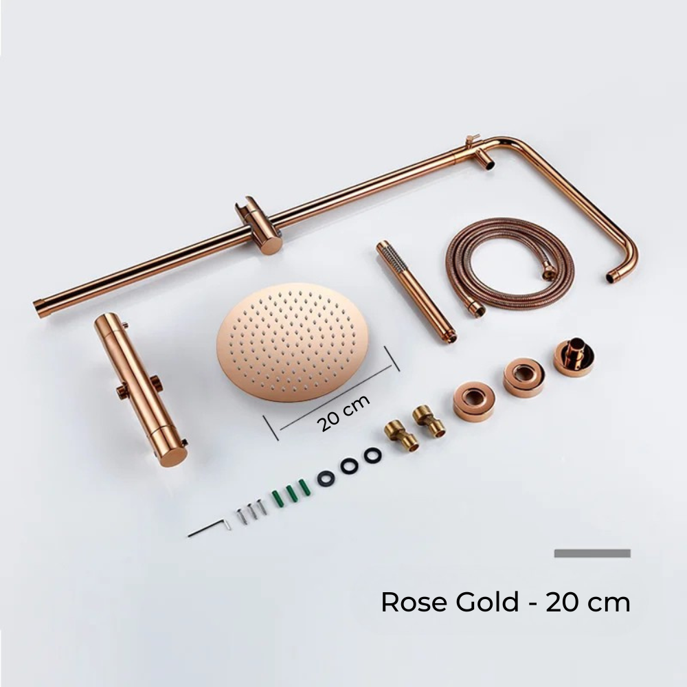 Colonne de Douche Murale Dorée avec Mitigeur Thermostatique et Ciel de Pluie